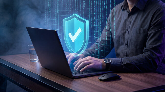A person typing on a laptop with a glowing blue security shield icon, representing cybersecurity and data protection.
