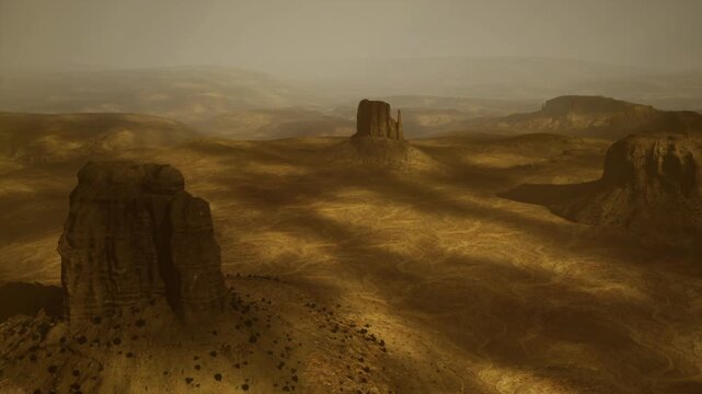 Golden mesa landscape with long shadows, warm amber tones, scattered shrubs, atmospheric haze, distant ridgelines, tranquil mood, roadless terrain, panoramic