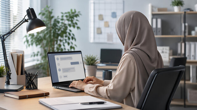 The concept of a girl hijab working in an office and digital chat.