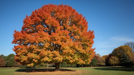Obraz premium Vibrant Autumn Tree Displaying Colorful Foliage Against a Blue Sky.