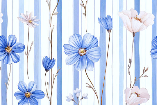 Bluestar flower pattern with airy blue blossoms and delicate stems on a soft striped background. Hand-painted botanical design with a light watercolor feel and elegant minimal composition. 