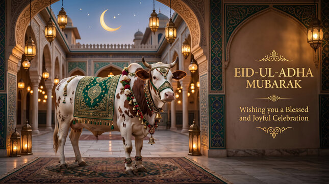 Bakra Eid Mubarak Festive Background Decorated Bull Islamic Mosque Glowing Lanterns Crescent Moon Digital Art