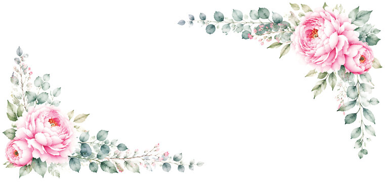 Soft Pink Watercolor Floral Corner Bouquet with Leaves and Delicate Accents, Elegant Vector Background
