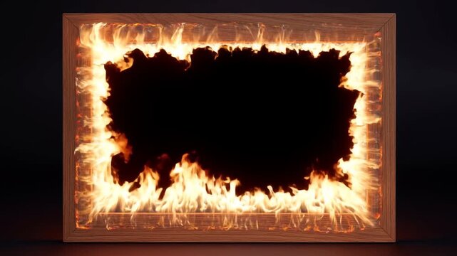 Time lapse of wooden picture frame catching fire as flames spread along inner edge on dark studio background