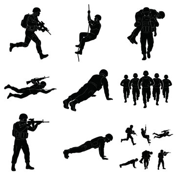 Military Soldier Physical Training and Combat Conditioning Silhouettes