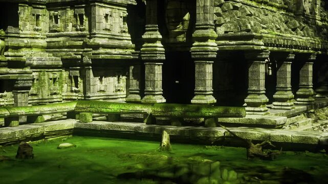 Solo traveler walking through mossy temple pathway, small human figure adds scale among towering roots and stone reliefs, quiet exploration mood with dappled