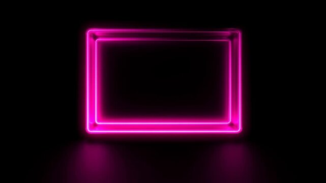 Slow tracking pan of neon pink rectangular frame shifting and pulsing on black reflective studio floor with subtle rotation and shimmer