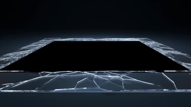 Slow motion static close up of glass screen shattering across display panel on dark studio tabletop with reflective glossy surface