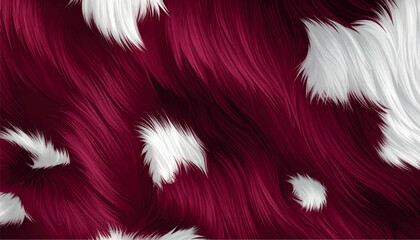 Luxury burgundy fur vector background. Elegant seamless animal skin pattern with realistic white fluffy spots on long maroon hair. Trendy wild cat pelt design for chic winter fashion and backdrops. © Minty Focus