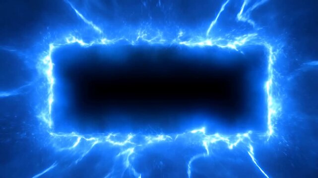 Static shot of glowing electric rectangle portal pulsing with blue lightning bolts and sparks in dark void center background for sci fi energy effect