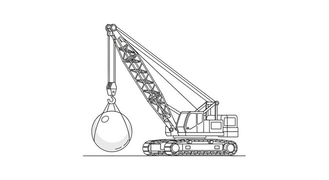 Demolition Crane with Wrecking Ball - Line Art Illustration