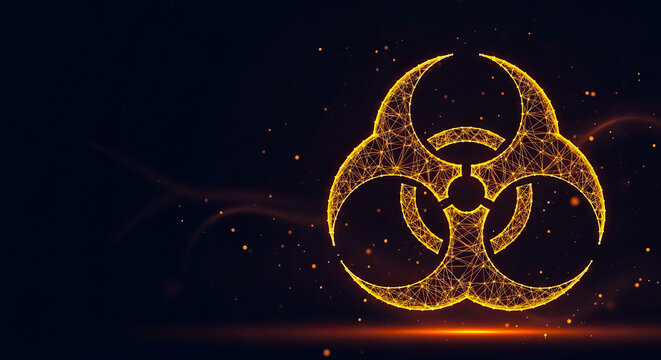 Glowing digital biohazard symbol constructed from interconnected dots and lines presented on transparent background