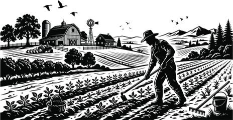 Farmer working in the field with a hoe on a farm with a barn and windmill in the background © SH Stock