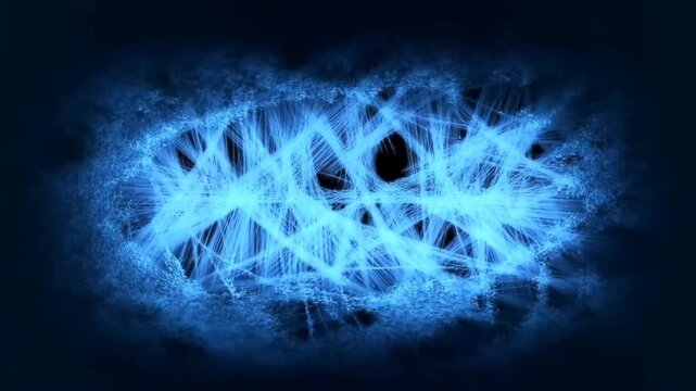 Time lapse zoom tracking of abstract blue fiber and light strand formations expanding and converging around central black void on dark studio background