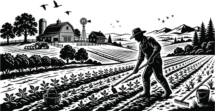 Farmer working in the field with a hoe on a farm with a barn and windmill in the background