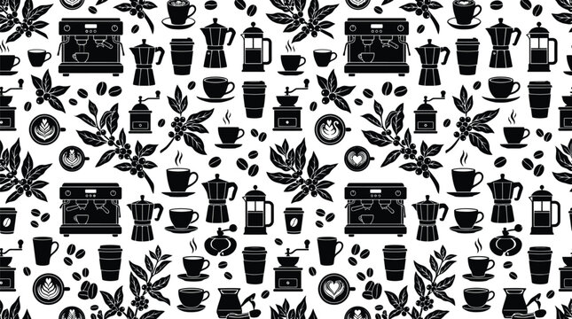 Seamless pattern with coffee icons, beans and branches