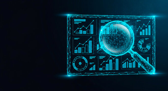 Digital magnifying glass examining glowing financial data charts and business graphs presented on transparent background