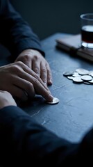 Fototapeta premium Businessman in dark suit arranging coins on table with glass of water and notebook, representing financial planning, investment strategy, and business decision-making.