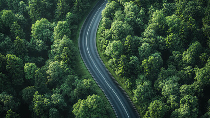 Fototapeta premium road in the middle of green forest trees background, highway