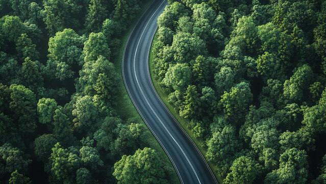 road in the middle of green forest trees background, highway