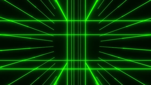 Tracking forward zoom shot of neon grid lines converging through virtual digital tunnel passage with green glowing beams and vanishing center