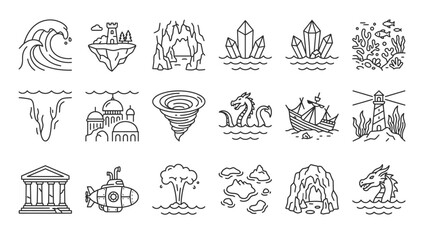 Obraz premium Fantasy Icons Collection: A curated set of line art icons representing elements of fantasy, mythology, and adventure, including mythical creatures, natural phenomena, and architectural wonders.