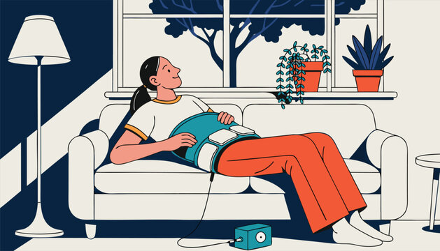 Woman Relaxing on Sofa with Heating Pad in Cozy Living Room