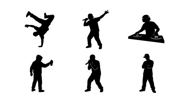 Hip Hop Dancers, Rappers, DJ, Graffiti Artist Silhouettes, Urban Music Culture Icons