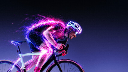 Obraz na płótnie Canvas Racing cyclist with synthetic muscle fibers and glowing data network in futuristic anatomy. Concept of biohacking, sport science, endurance analytics, biotech and cyber security.