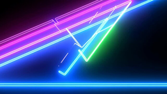 Static shot of neon geometric triangle lines sliding and glitching over retro synthwave grid background with glowing blue pink purple lights