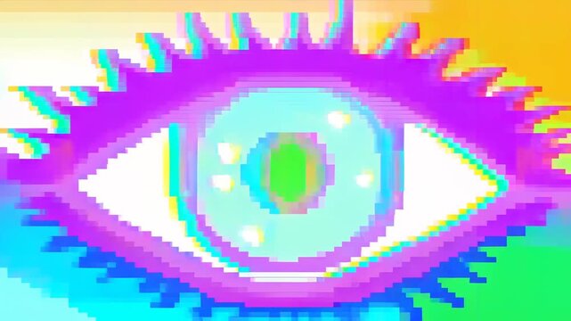 Zooming tracking shot of animated eye morphing with digital glitch effects across pixelated colorful retro background on screen animation loop