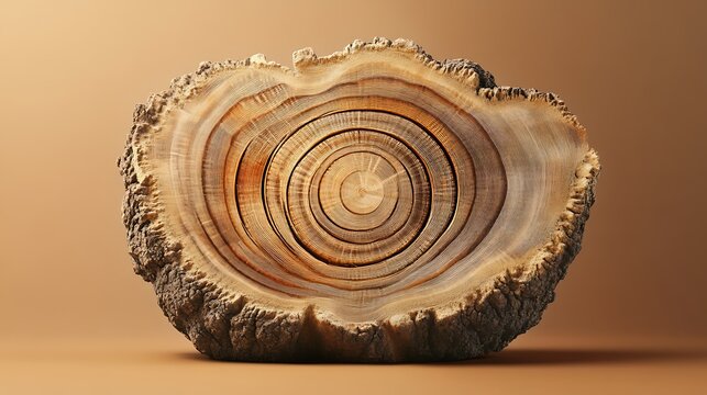 Detailed Cross Section of Ancient Tree Trunk Showing Growth Rings in Warm Natural Light