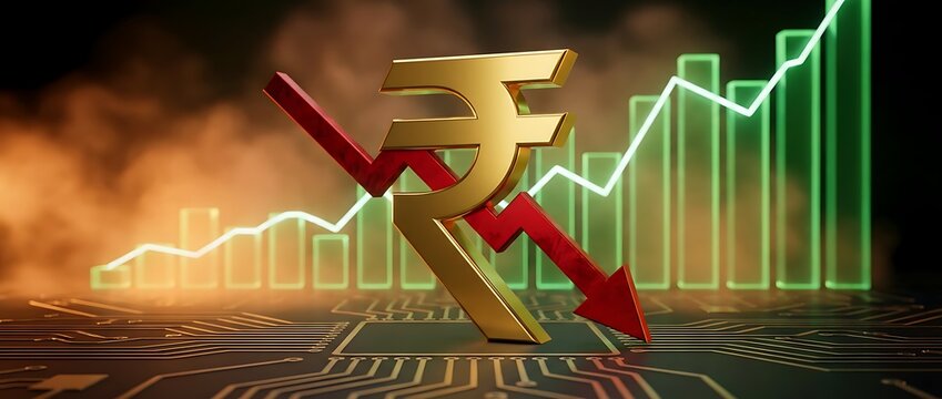 Indian rupee symbol falling down with red arrow against rising stock market graph bars and circuits background showing financial crisis.