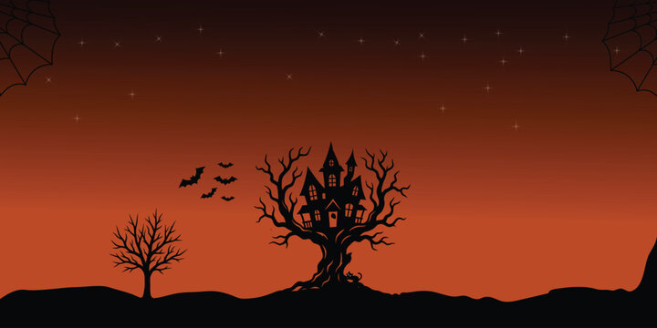Spooky halloween background with haunted house bats and trees on a gradient orange night sky