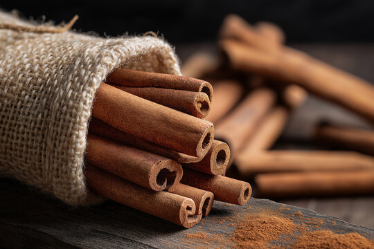 Cinnamon sticks on a dark wooden background