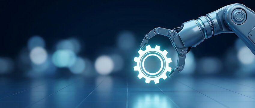 Robotic arm holding glowing gear symbol in abstract background representing automation industry and future technology.