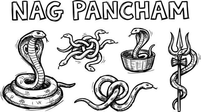 Nag Pancham Hindu Festival Snakes Cobra Serpent Line Art Vector