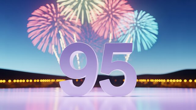 Large 3 d number 95 standing against a night sky with colorful fireworks