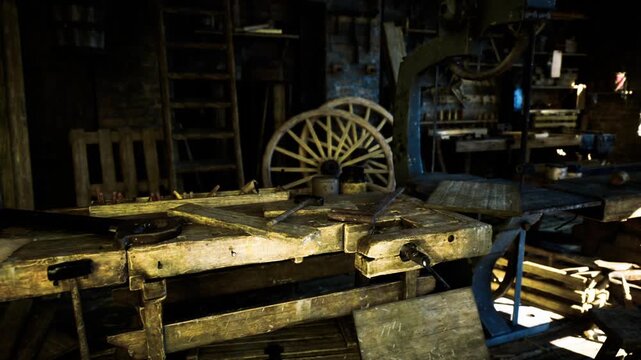 Sunlit workbench with hand tools and worn wooden vise, closeup of workspace suggesting careful measurements and handson joinery practice.