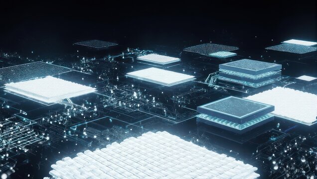 High-tech circuit board with illuminated microprocessors and components.