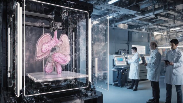 Scientists observing a 3D printer creating human lungs in a futuristic laboratory.