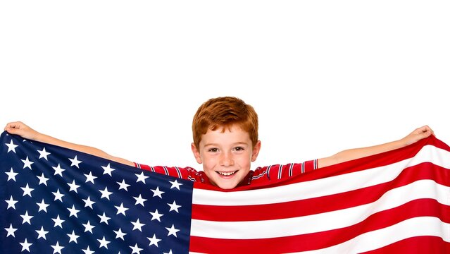 Cute American boy with red hair peeking and holding United States flag with large white top copy space for text