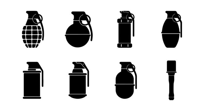 Explosive Grenade Icons Set, Military Weapon Symbols, Combat Device Graphics, Vector Art