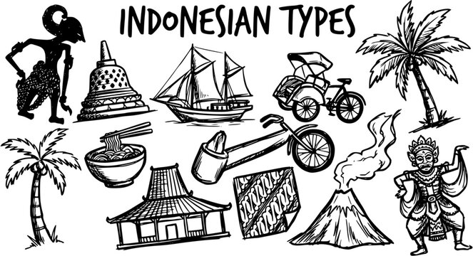 Hand-Drawn Black and White Line Art Sketch: Indonesian Cultural Icons, Travel Landmarks, and Traditional Symbols for Tourism and Heritage Design