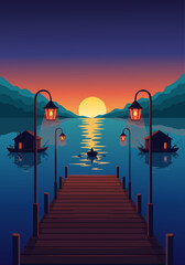 Obraz premium Serene lake at sunset vector illustration with a wooden pier and distant boats, showcasing a tranquil natural landscape