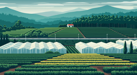 Pixel art vector illustration of a lush green farm landscape with greenhouses and rolling hills under a clear sky © DOLARRIZ JHON