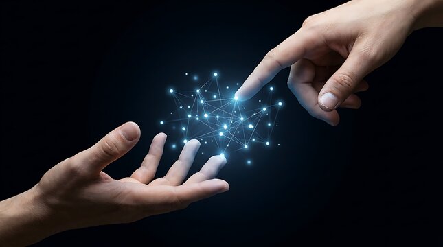 Two hands reaching out connecting in abstract network of light points and lines on dark background symbolizing connection technology and digital communication.