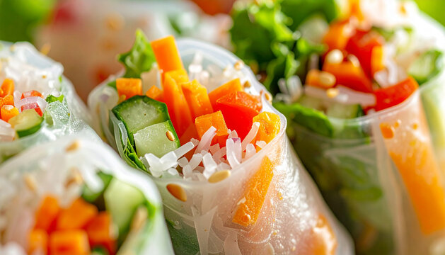 Fresh vietnamese rice paper roll cross section with visible vegetables and herbs macro view