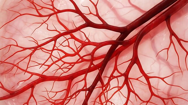 Detailed close up of intricate network of red human blood vessels and capillaries on pink tissue background medical illustration science.