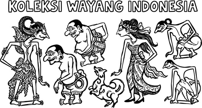 Black and White Line Art Indonesian Wayang Kulit Puppets Collection on White Background